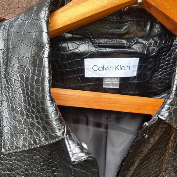Calvin Klein Faux Leather Trucker Jacket 12 Black NWT Croc Coat Button Crop - Picture 9 of 9